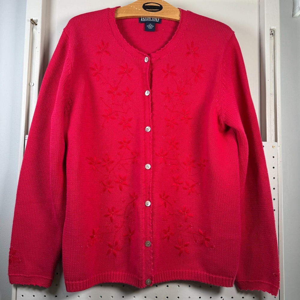 Lands' End Cardigan Sweater Women's Medium Red Knitted Vintage Floral Embroidery